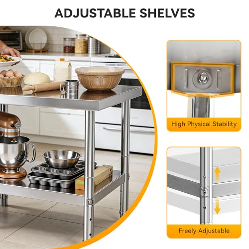 Image of DWVO 30x24in Stainless Steel Table with Adjustable Shelf | NSF Metal Prep Worktable for Kitchen Restaurant Hotel Garage Warehouse Home Commercial