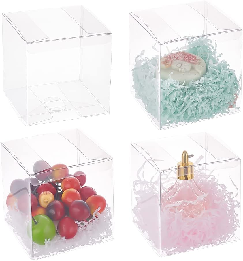 BENECREAT 20PCS Clear Wedding Favour Boxes 4.5x4.5x4.5" Square PVC Transparent Gift Boxes for Candy Chocolate Festival Gift Packaging