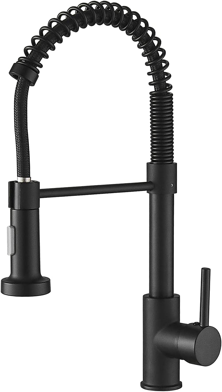 Matte Black Kitchen Sink Tap, 2 Function Kitchen Sink Mixer Taps with Pull Out Spray, Brass High-Arc 360° Swivel Single Handle Spring Rv Kitchen Taps
