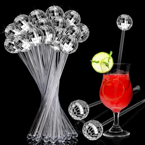 Sawysine 48 Pcs Disco Party Decorations Disco Ball Cocktail Stirrers 8 Inch Silver Mirror Ball Stir Sticks Beverage Coffee Drink Stirrer for 70s 80s Bachelorette Wedding Birthday Party(Clear)
