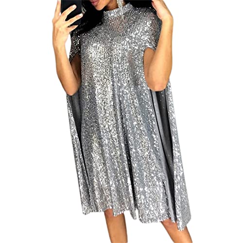 maiduoduo01 Vestido de festa com glitter solto gola alta lantejoulas primavera outono vazado vestido