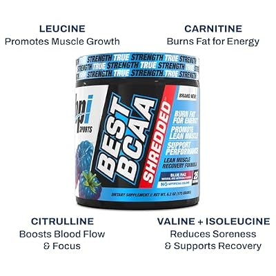 BPI Sports Best BCAA Shredded - Caffeine Free Thermogenic Recovery Drink, Lean Muscle Building BCAA Powder for Women and Men, Preworkout BCAAs Amino Acids Drink- Blue Raz - 25 Servings