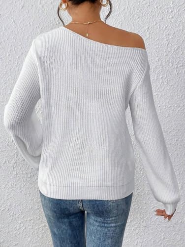 SKAYS Womens Off The Shoulder Sweater Asymmetrical Neck Fall Ribbed Knit Long Sleeve Pullover Sweaters for Women Lightweight Tops White S2