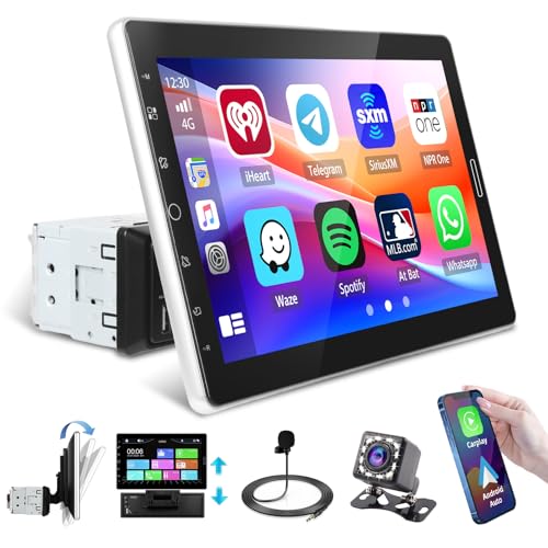 Hikity Single Din Car Stereo Carplay Android Auto Removeable 10.1 Inch Touchscreen Car Radio with Bluetooth FM Mirror Link Backup Camera + Microphone/AUX/USB