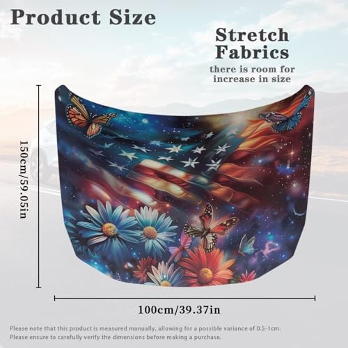 Image of 3.3x5 Ft American Flag Butterfly Prints Car Hood Cover Polyester Elastic Fabric Covers for Car Hood Stretchable Universal Auto Accessories for Most Automotive Trucks Pickup SUV