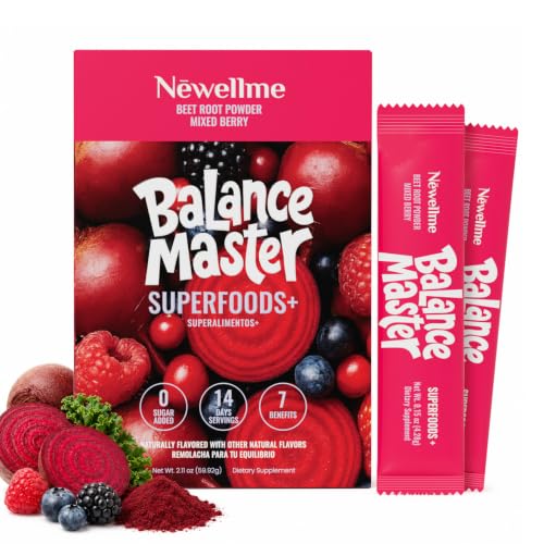 NEWELLME Balance Master Super Reds Powder Stick Packs Beet Root Drink Mix with Prebiotic Fiber Probiotics & Enzymes Nitric Oxide Support 0 Sugar Added Mixed Berry 14 Count