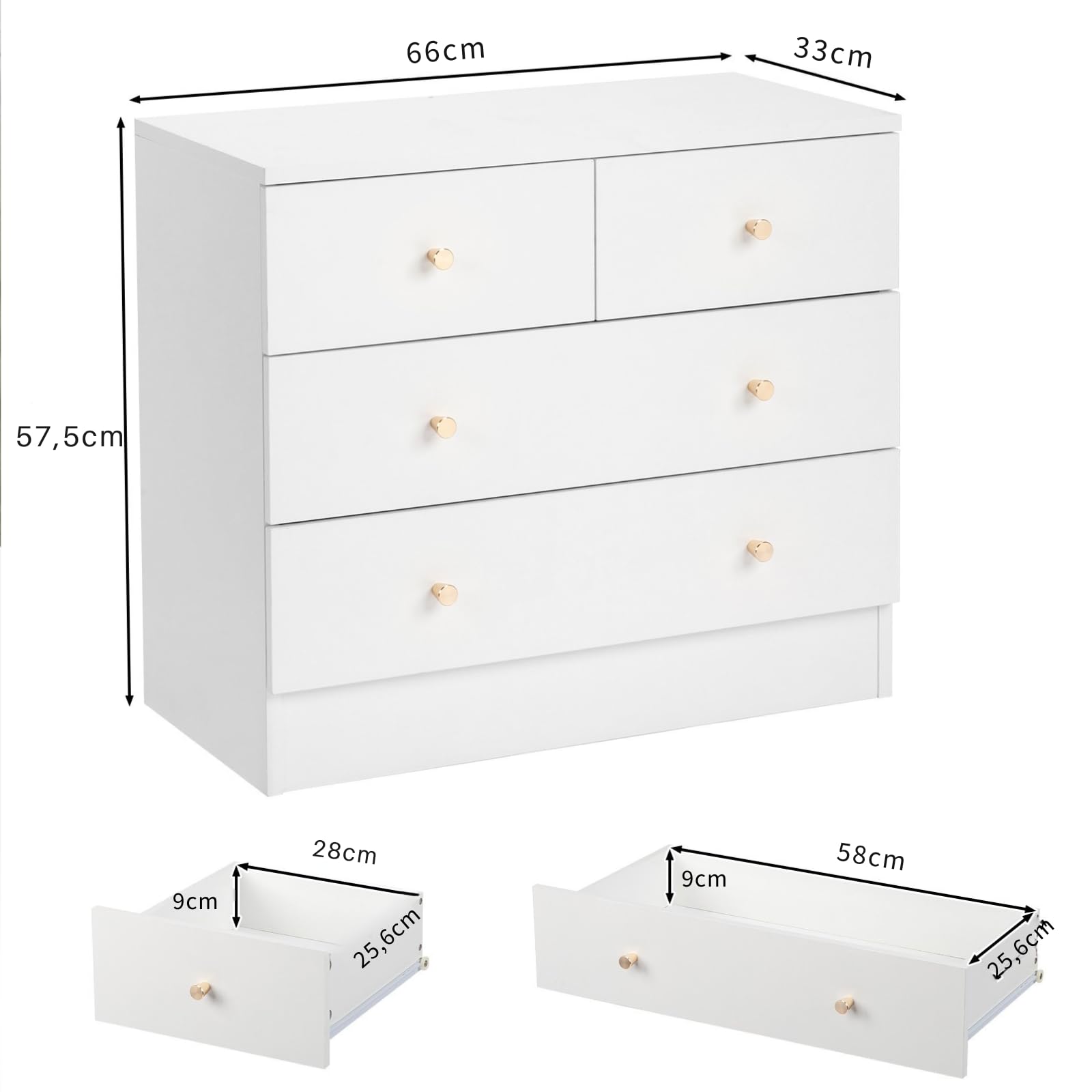 LEADZM Kommode Schlafzimmer Kommode mit 4 Schubladen, für Wohnzimmer, Schlafzimmer, Flur, Schrank, Sideboard, Highboard, viel Stauraum,Weiß
