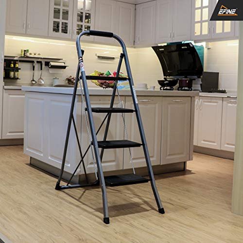 EFINE 4 Step Ladder, Slim Folding Design Step Stool, High Grade Steel with Smooth Powder Coating, Sturdy and Lightwight, Holding up to 330lbs. (Gray)