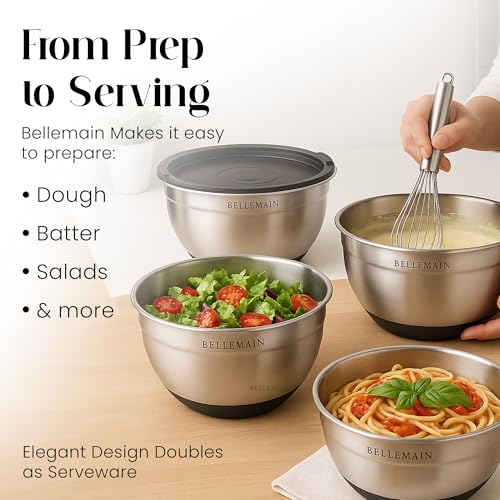 Image of Bellemain Mixing Bowls with Lids Set - Stainless Steel Mixing Bowls with Airtight Lids - Food Storage Containers - 3PCS Set with Non-Slip Bottoms Kitchen Essentials for Baking - Serving