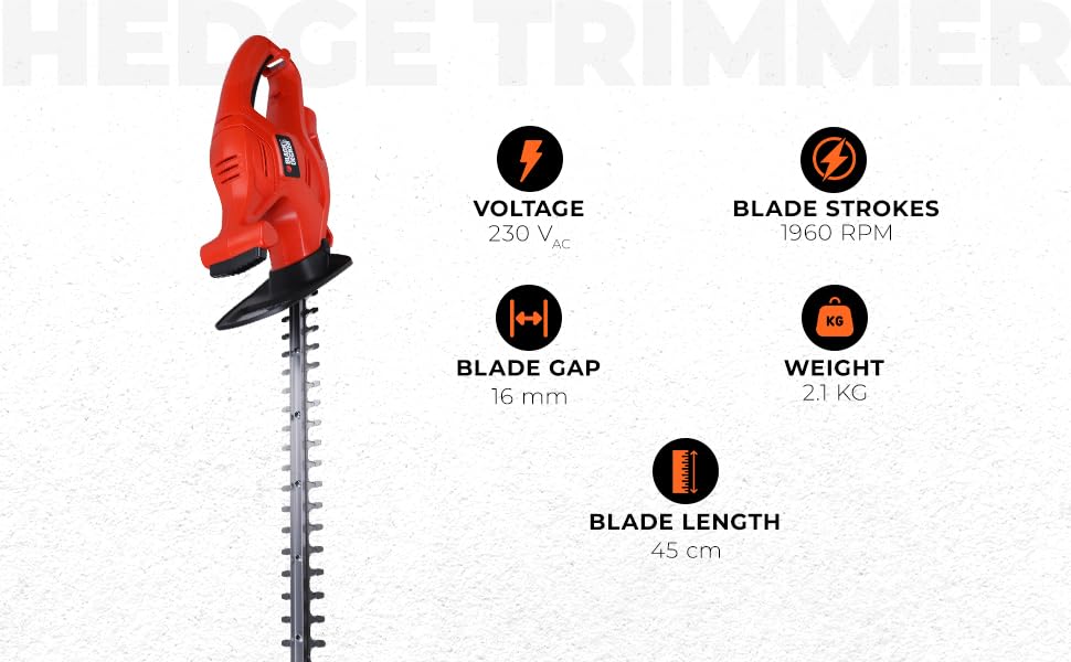 BLACK+DECKER GT4245-B1 Corded 420W Hedge Trimmer, 45cm Blade Length, 6 Metre Cord Length, 2.1 Kg, Cut Small Branches upto 16mm (0.6 in) Diameter, 2-Handed Safe-Start Switch, 1 Yr Manufacturer Warranty — photo 3