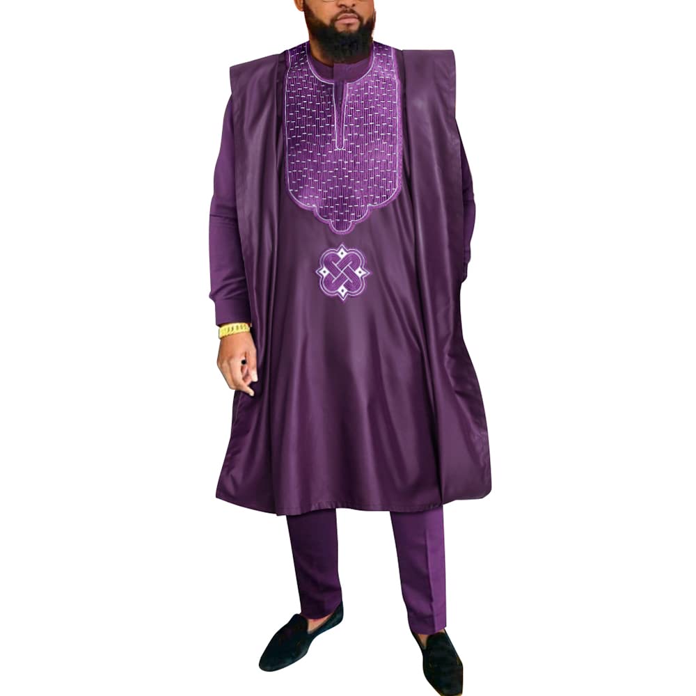 HD Abbigliamento Maschile Africano Agbada con Ricamo Dashiki, Camicie e Pantaloni, Completi da 3 Pezzi