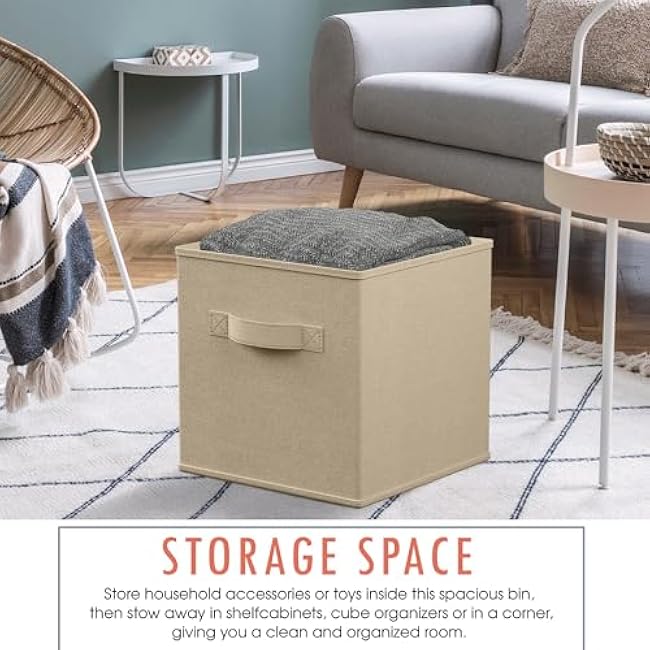 Ornavo Home Foldable Collapsible Storage Box Bins Shelf Basket Cube Organizer with Dual Handles - Set of 6-13 x 13 x 13 - Beige