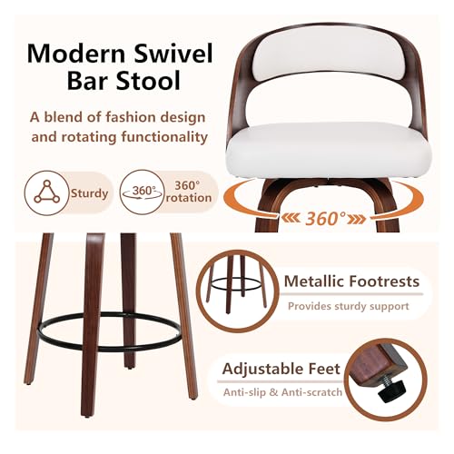 Image of Swivel Bar Stools Set of 3, 26 inch Counter Height Bar Stools with Curved Backrest, Mid-Century Modern PU Fabric Modern Island Chairs with Footrest, for Kitchen, Bar, Restaurant, Cafe, White