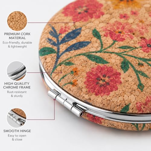 Image of Floral Cork Compact Mirror for Women | Oval Dual-Sided Folding Makeup Mirror | Portable Travel Pocket Mirror with Magnifying Mirror | Lightweight Cosmetic Mirror for Purse & Handbag (Floral)