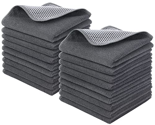 KinHwa Küchenwaschlappen für Geschirr, saugfähige Mikrofaser-Geschirrtücher, schnell trocknende Geschirrtücher mit Poly-Scheuer-Seite, ideal für die Reinigung der Küche und Haushalt, 18 Stück, grau