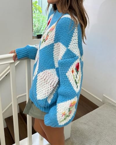 Image of ZAFUL Floral Sweaters for Women Trendy Crew Neck Long Sleeves Knitted Pullover Boho Sweater Chunky Knit Tops