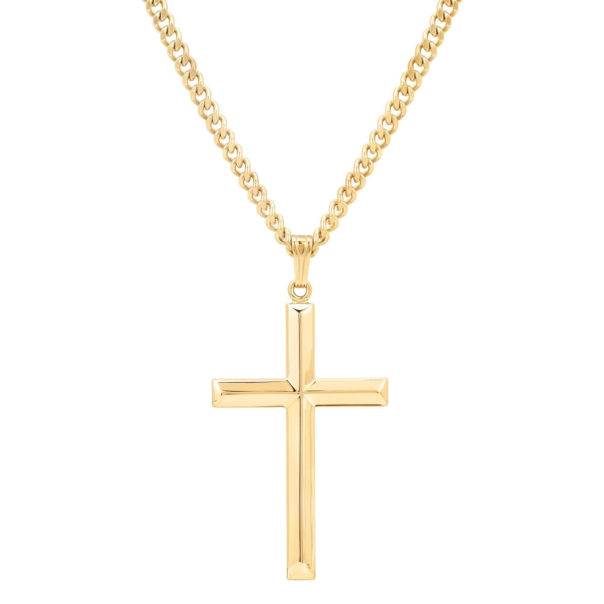 Men's Gold Filled Christian/Catholic Large Cross Pendant Necklace, Masculine & Big Gold-Filled Cross Shaped Pendant, 24" (Inch) Stainless Steel Curb