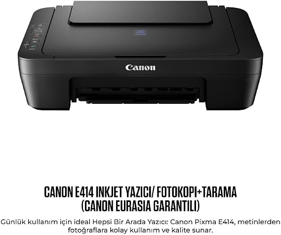 Canon E414 Çok Fonksiyonlu Mürekkep Püskürtmeli Yazıcı/Fotokopi+Tarama, ‎AC 100 – 240 V, 50/60 Hz, ‎42.6 x 14.5 x 30.6 cm; 470 gr (Canon Eurasia Garantili)