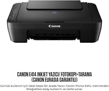 Canon E414 Çok Fonksiyonlu Mürekkep Püskürtmeli Yazıcı/Fotokopi+Tarama, AC 100 – 240 V, 50/60 Hz, 42.6 x 14.5 x 30.6 cm; 470 gr (Canon Eurasia Garantili)