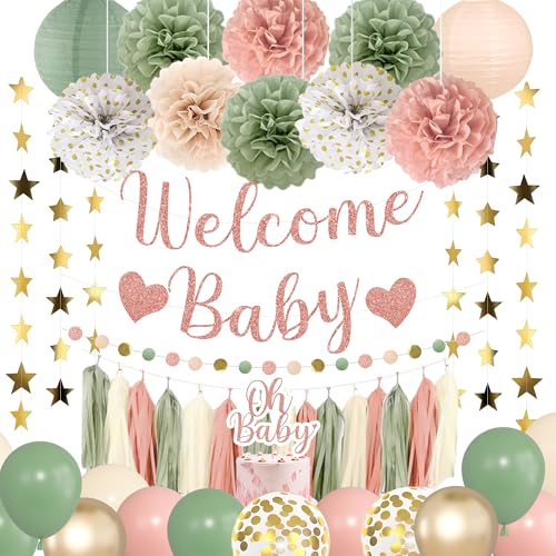 Amandir Sage Green and Pink Baby Shower Decorations Welcome Baby