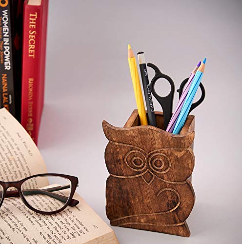 Eximious India Owl Design Rustic Wood Pencil Holder Pen Cup Spectacle Eyeglasses Holder Desk Caddy Organizer Office Supplies Accessories Gift Ideas Office Coworkers (Burnt) #TOP2