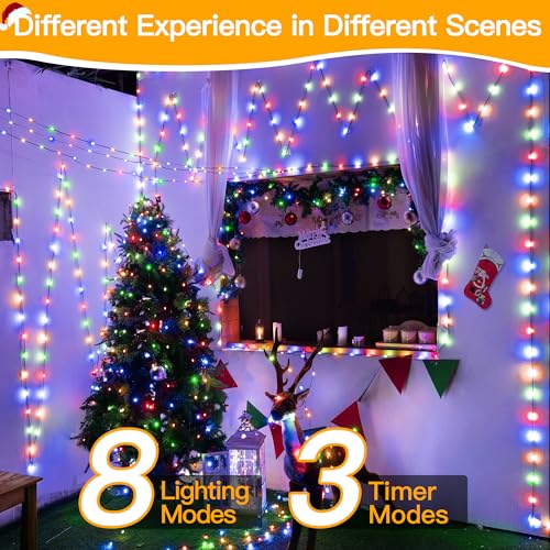 Image of Ollny Christmas Lights 800 LED 262FT Plug in, IP67 Waterproof Green Wire Outdoor Christmas Lights with Remote, 8 Modes with Timer String Light for House Indoor Xmas Decorations Multicolored