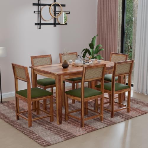 Image of DRIFTINGWOOD Amber Solid Sheesham Wood 6 Seater Dining Table Set with Rattan Back Chairs | Green Velvet Cushioned Seating for Home & Dining Room (Natural Finish, DIY)