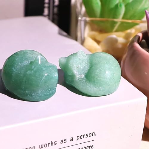 Miniatura 5 de QINJIEJIE Decoración de cristales de gato de aventurina verde, estatua de gato dormido, piedra curativa, decoración de regalo de piedras preciosas