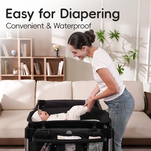 Image of Pamo Babe 4 in 1 Baby Playards with Bassinet & Changing Table, Portable Crib Breathable Mesh and Toy Mobile
