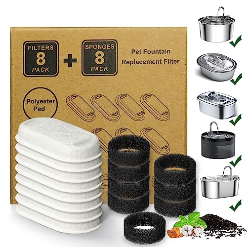 Cat Water Fountain Filter,16 Pack Cat Fountain Replacement Filters for Stainless Steel 67oz/2L Adjustable Water Flow Pet Water Fountain,Dog Water Fountain (8+8 Pack) by KANCHOU - Used condition - US$10.81