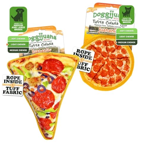 Image of Doggijuana Supreme & Pepperoni Pizza Dog Toy Bundle | 2 Pack, Squeaky | Refillable squeaky plush dog toy + organic calming catnip; eases anxiety, stress & storms; drug-free, hand-harvested