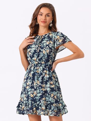 Image of Allegra K Women's Ruffle Sleeve Self-Tie V Neck Flowy Ruffled A-Line Floral Chiffon Dress