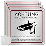 UXOIEPIO 3er Set Schild Videoüberwachung Privatgrundstück 15 x 15 cm aus Aluminium mit Klebeband - Hinweisschild Videoüberwachung inkl. DSGVO Hinweis, selbstklebend & vorgebohrt