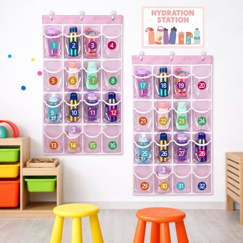 2-Pcs-Water-Bottle-Organizer-for-Classroom-32-Holders-over-the-Door-Storage-Rack-for-Cup-and-Various-Sizes-with-Hydration-Station-Sign-StickerPVCClassicPink
