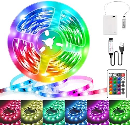Tira LED 2M Adhesiva LED, Tira de LED Alimentadas Con Batería o USB, RGB 5050 Control Remoto Regulable 16 Colores para Habitación, Sala de Estar, TV, Armarios, Bar, Fiesta