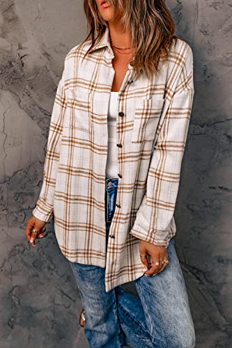Prettygarden Women's 2023 Fall Clothes Plaid Shacket Jacket Long Sleeve Button Down Flannel Shirts Fashion Blouse(Plaid Khaki,Small) #TOP7