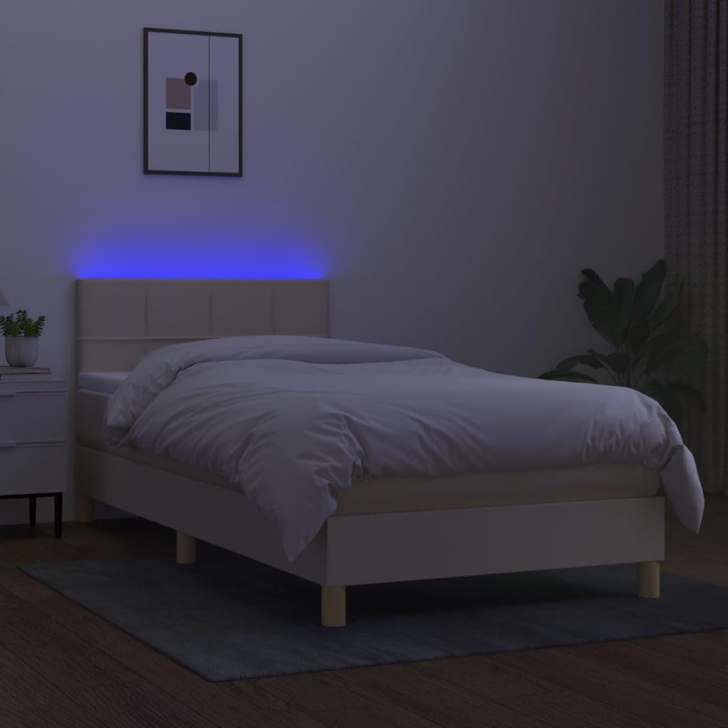 Tkanina z regulowanym zagłówkiem LED 90x190 cm Kremowy | Łóżko kontynentalne z materacem 90x190 cm kremowe tkanina LED zagłówek regulowany sprężyny kieszeniowe