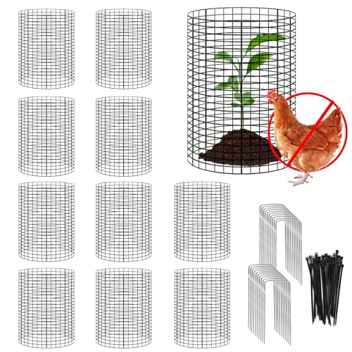 YEXEXINM 10 Pack 12 H X 4 D Wire Small Plant Protector from Animals 10 PCS Small Metal Plant Cage Chicken Wire Cloche with Ground Stakes and Nylon Tie to Keep Animals Out Garden Protection