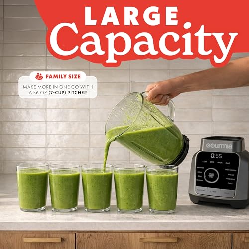Image of Gourmia Countertop Blender - 8 Blend Programs, 4 Speeds, Pulse and Manual Mode, 56oz Pitcher, Digital Display with Integrated Timer, Round-Plated Tamper, Dishwasher-Safe Parts