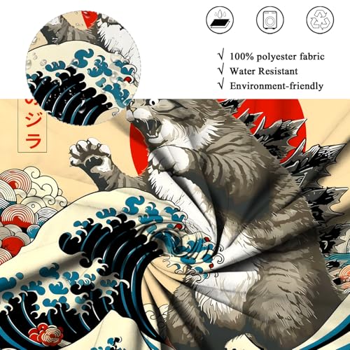 ASDCXZ Duschvorhang Japanischer Katze 180x200 cm, Vintage Lustig Japan Anime Katze Sonne Welle Kinder Tier Wasserdicht Badvorhang Polyester Textil Waschbar Duschvorhänge für Badewanne mit 12 Haken