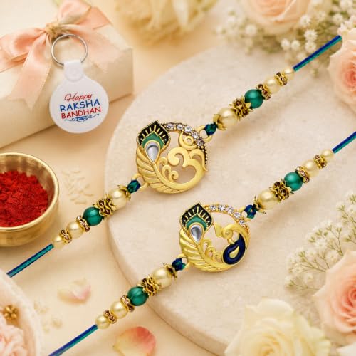 Image of Riddhika Ventures Glorious Gold Plated Auspicious Diamond Ring Rakhi || Traditional Rakhi Set of 2 & Festive Gift || Rakhi Gift Combo for Brother (P6P8K)