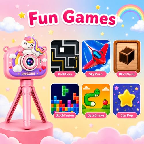 Image of Toy Imagine Unicorn Design Kids Digital Camera with Tripod 48MP HD Photos & 1080P Video Recording Filters,Frames & Inbuilt Games Birthday Gift for Boys & Girls Age 6-12 (Assorted) Card Not Included