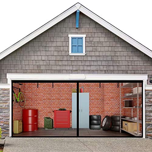 Magnetic Garage Screen Door 16x7FT for Double Garage Doors - Fiberglass Garage Screen Cover Kit Garage Door Curtain,Stronger High Energy Magnets,Hands Free Magnetic Screen Door (Black1)