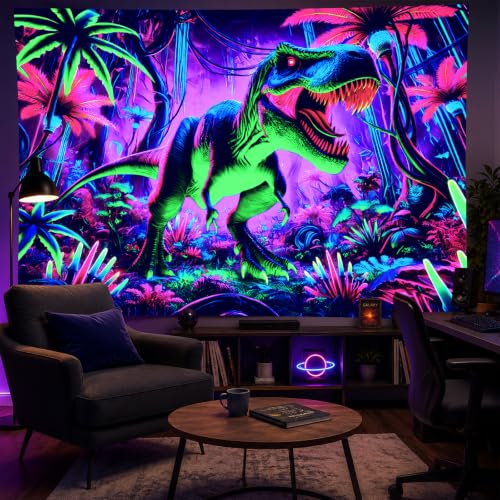 Image of BlissYard Blacklight Tapestry 78x59 Inch Neon Dinosaur Wall Hanging Glow in the Dark Jungle T Rex Poster UV Reactive Psychedelic Dinosaur Decor for Boys Bedroom Dorm Gamer Wall Art Decoration