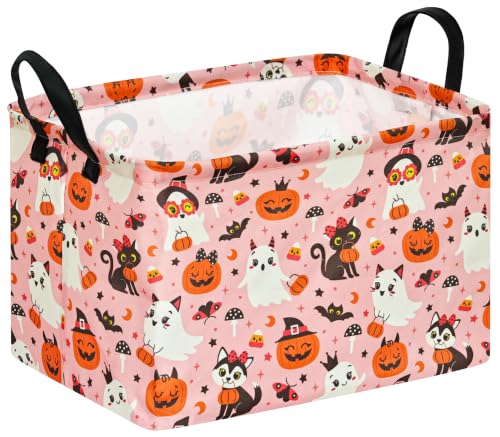 Image of Pink Halloween Storage Basket for Girls, Pumpkin Ghost Bat Spider Design