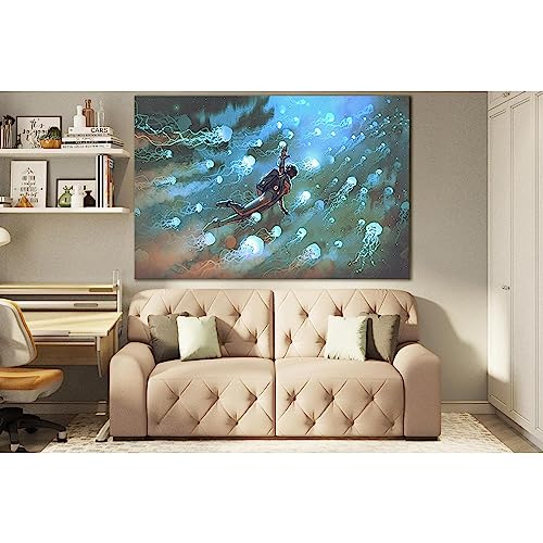 Astronaute avec méduses dans l'espace tableau déco murale 90x60 ZELLART