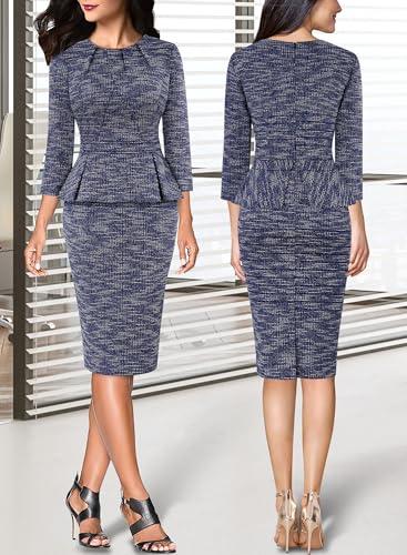 Image of VFSHOW Womens Pleated Crew Neck Peplum Slim Work Business Dress Elegant 3 /4 Sleeves Office Church Bodycon Pencil Sheath Dress