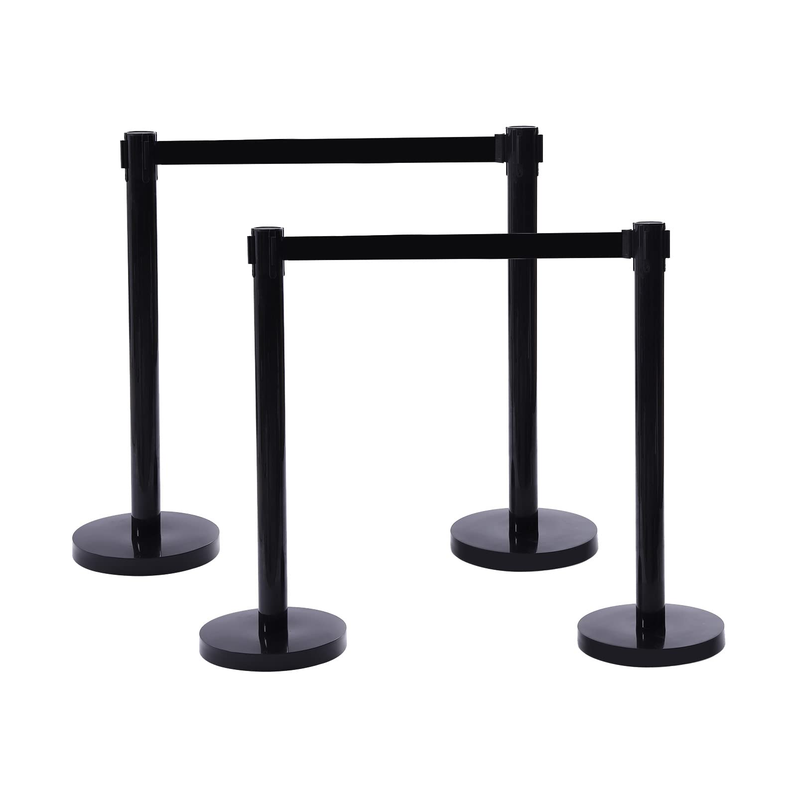 Crowd Control Stanchion, Set of 4 Pieces Stanchion, with 6.6 ft/2 m Black Retractable Belt, Black Steel Crowd Control Barrier w/Rubber Base - Easy Connect Assembly