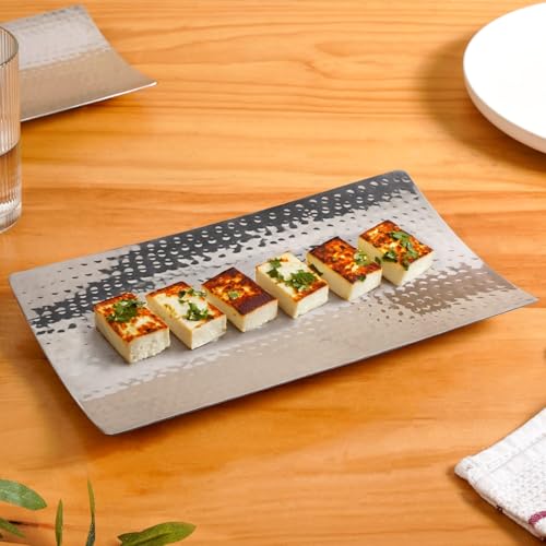 Image of Nestasia Stainless Steel Serving Platter for Snacks (30cmx18cm) - Hammered Rectangular Curved Steel Tray with Glossy Finish | Rust & Scratch Resistant Serveware for Appetisers, Desserts and Breads
