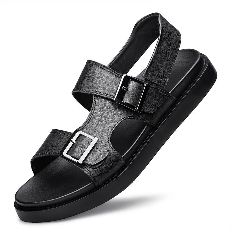 Men's Genuine Leather Platform Two Band Slingback Casual Sandals With Adjust Metal Buckle Fashion Elastic Back Strap Round Open Toe Thick Cushion Soft Slip On Outdoor Walking Sandals For Leisure Daily